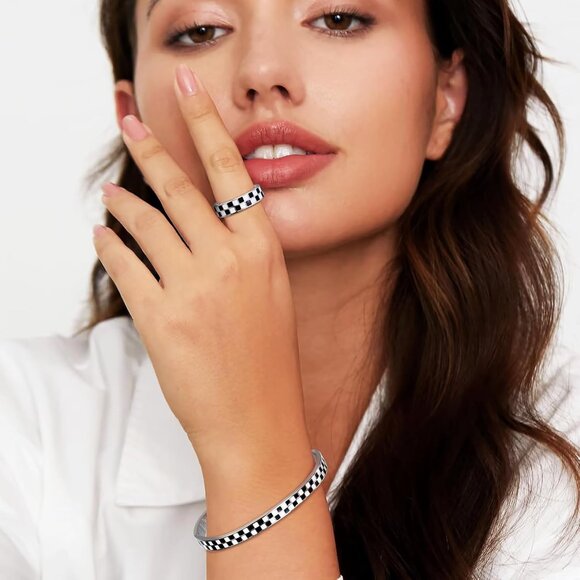 Checkered Stainless Steel Jewelry Set Bracelets Rings Hypoallergenic Gift for Wo - Picture 3 of 8
